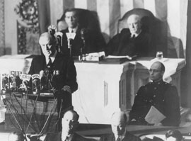 Photo of President Franklin D. Roosevelt delivering the 'Day of Infamy' speech.