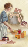 woman mixing batter in a bowl with washtub behind her
