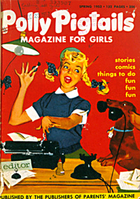 "Editor Polly Pigtails at Work," cover of Polly Pigtails' Magazine for Girls, 1953. After several name and format changes, the magazine is still published today, as YM.