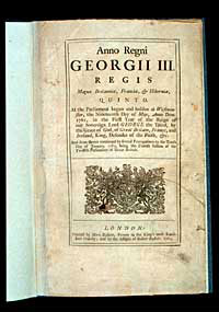Page one of the 1765 publication of the Stamp Act, one of the actions which led to the American Revolution.