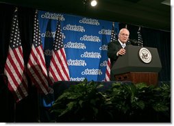 Vice President Dick Cheney delivers remarks on the state of the economy, the war on terror and pending FISA legislation Thursday, Jan. 31, 2008, to the Charlotte Chamber of Commerce in Charlotte, N.C. White House photo by David Bohrer