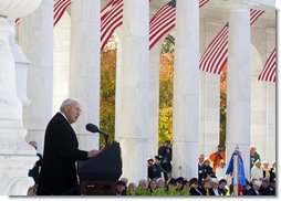 Vice President Dick Cheney delivers remarks Sunday, Nov. 11, 2007, during Veterans Day ceremonies at Arlington National Cemetery in Arlington, Va. "Gathered as we are today in a time of war, we're only more sharply aware of the nation's debt to the members of the armed forces," said the Vice President, adding, "They are constantly in our thoughts." White House photo by David Bohrer