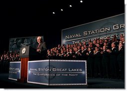 Vice President Dick Cheney delivers remarks to U.S. Naval recruits and sailors Friday, March 7, 2008, at Naval Station Great Lakes in Great Lakes, Ill. White House photo by David Bohrer