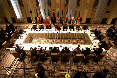 President George W. Bush meets with Central African leaders at the Waldorf-Astoria Hotel in New York City Sept. 13, 2002. At the 57th United Nations General Assembly in New York, President Bush met with 10 Central African Heads of State to discuss how to strengthen the sub-regional capacity of the Economic Community of Central African States (CEEAC), the Monetary and Economic Community of Central Africa (CEMAC) and the Council for Peace and Security in Central Africa to prevent and resolve conflict, reduce human suffering and promote regional economic integration.