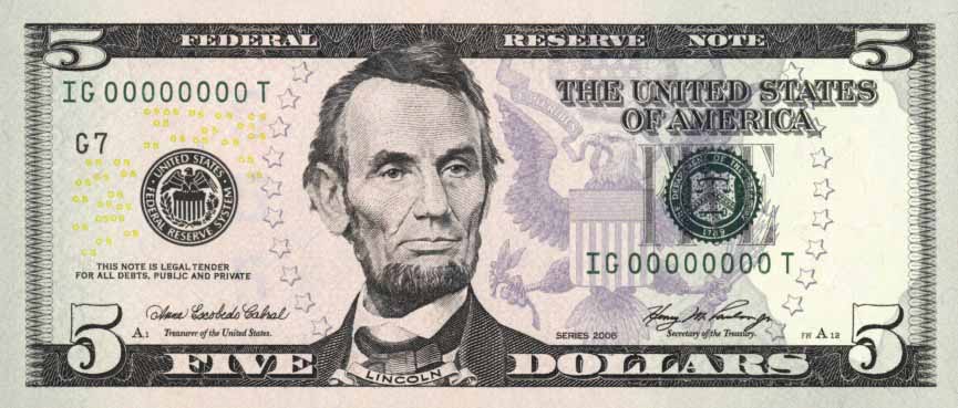 This is two renderings of the $5 bill showing the new design of the front and back.  The front has the large Abraham Lincoln profile with the Great Seal of the United States to the right and both are inside a ring of stars.  The back displays the Lincoln Memorial with a large purple 5 in the bottom right-hand corner.