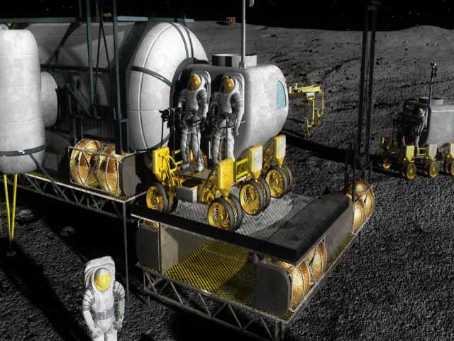 An artists’ rendering of a lunar outpost and lunar rover.