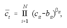 for each period t, cbar is a function of ci minus bi and the parameter betai, multiplied over all goods i=1 through N