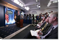 President George W. Bush speaks during a morning news conference Thursday, July 12, 2007, in the James S. Brady Briefing Room of the White House. The President spoke on the fourth phase of the Iraq conflict: Deploying reinforcements and launching new operations to help Iraqis bring security to their people.  White House photo by Eric Draper