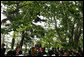 Under the boughs of the trees of Gul Khana Palace, Mrs. Laura Bush delivers remarks Sunday, June 8, 2008, during a press availability with President Hamid Karzai of Afghanistan in Kabul. White House photo by Shealah Craighead