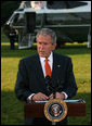 President George W. Bush speaks to the media before departing the South Lawn of the White House for Andrews Air Force Base en route to Europe for a weeklong visit during which he will address a variety of issues with counterparts in Slovenia, Germany, Italy, Vatican City, France and the United Kingdom. Said the President, "The U.S. economy has continued to grow in the face of unprecedented challenges. We got to keep our economies flexible; both the U.S. economy and European economies need to be flexible in order to deal with today's challenges. I'm looking forward to my trip." White House photo by Joyce N. Boghosian