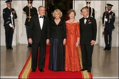 President George W. Bush and Laura Bush welcome the Prince of Wales and Duchess of Cornwall upon their arrival to the White House, Wednesday evening, Nov. 2, 2005. White House photo by Paul Morse