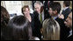 President George W. Bush speaks with young entrepreneurs following their roundtable meeting on business exchanges between the U.S. and Italy Thursday, June 12, 2008, at the Villa Aurelia in Rome. White House photo by Eric Draper