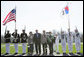 President George W. Bush and Laura Bush pose with South Korean President Lee Myung-bak and his wife, Kim Yoon-ok, for a photo Friday, April 18, 2008, on their arrival to the Presidential retreat at Camp David, Md. White House photo by Shealah Craighead