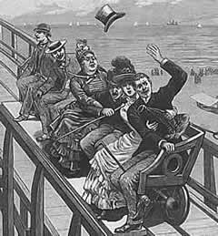 Drawing of a very old-fashioned roller coaster, with riders all sitting sideways on a wooden bench.