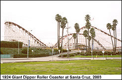 Photo: Large wooden roller coaster  in the distance , with green grass and palm trees nearby.