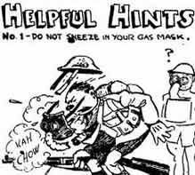 Cartoon with soldier sneezing and gas mask lifting from his face.