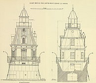 Two diagram of lighthouse exterior and  cross-cut of interior. 