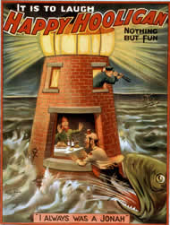 Color poster of men in a lighthouse, with one man in the water fleeing open  mouthed whale.