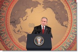 President George W. Bush delivers remarks at the Queen Sirikit National Convention Center Thursday, August 7, 2008, in Bangkok.  White House photo by Chris Greenberg