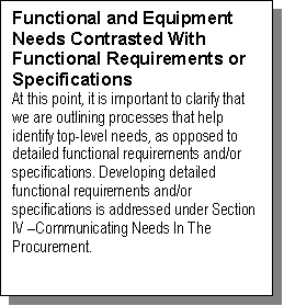 Text Box: Functional and Equipment Needs Contrasted With Functional Requirements or Specifications
At this point, it is important to clarify that we are outlining processes that help identify top-level needs, as opposed to detailed functional requirements and/or specifications. Developing detailed functional requirements and/or specifications is addressed under Section IV –Communicating Needs In The Procurement.

