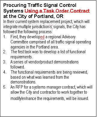 Text Box: Procuring Traffic Signal Control Systems Using a Task Order Contract at the City of Portland, OR
In their current system replacement project, which will integrate multiple jurisdiction’s’ signals, the City has followed the following process:
1.	First, they developed a 
regional Advisory Committee comprised of all traffic signal operating agencies in the Portland area.
2.	The first task was to develop a list of functional requirements.
3.	A series of vendor/product demonstrations followed.
4.	The functional requirements are being reviewed, 
based on what was learned from the demonstrations.
5.	An RFP for a systems manager contract, which will allow the City and contractor to work together to modify/enhance the requirements, will be issued.
