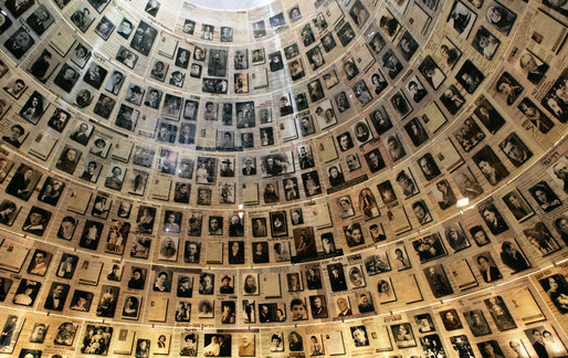 Photos and history of Holocaust victims frame the ceiling of the Hall of Names at Yad Vashem, the Holocaust Museum in Jerusalem. President George W. Bush visited the museum Friday, Jan. 11, 2008, paying his respects before continuing on to Galilee. White House photo by Chris Greenberg