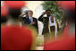 President George W. Bush and Amir Shaykh Sabah Al-Ahmed Al-Jaber Al Sabah stand for the playing of their national anthems Friday, Jan. 11, 2008, shortly after the arrival of President Bush to Kuwait City. White House photo by Chris Greenberg