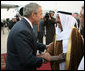 President George W. Bush is greeted by Amir Shaykh Sabah Al-Ahmed Al-Jaber Al Sabah after arriving Friday, Jan. 11, 2008, at Kuwait International Airport in Kuwait City. White House photo by Eric Draper