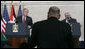 President George W. Bush and President Mahmoud Abbas of the Palestinian Authority, listen to a reporter’s question Thursday, Jan. 10, 2008, during a joint press availability at in Ramallah. White House photo by Chris Greenberg