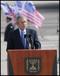 President George W. Bush speaks during the arrival ceremonies Wednesday, Jan. 9, 2008, at Ben Gurion International Airport in Tel Aviv. Said the President, “The United States and Israel are strong allies. The source of that strength is a shared belief in the power of human freedom.” White House photo by Chris Greenberg