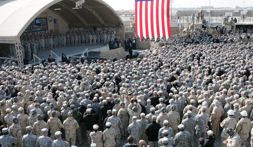 An estimated 4,000 troops listen to remarks by President George W. Bush Saturday, Jan. 12, 2008, at Camp Arifjan, Kuwait. White House photo by Chris Greenberg