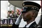 A member of the 3rd U.S. Infantry Old Guard Ceremonial Unit salutes Monday, July 18, 2005, at the arrival ceremony for India's Prime Minister Dr. Manmohan Singh, on the South Lawn of the White House. White House photo by David Bohrer