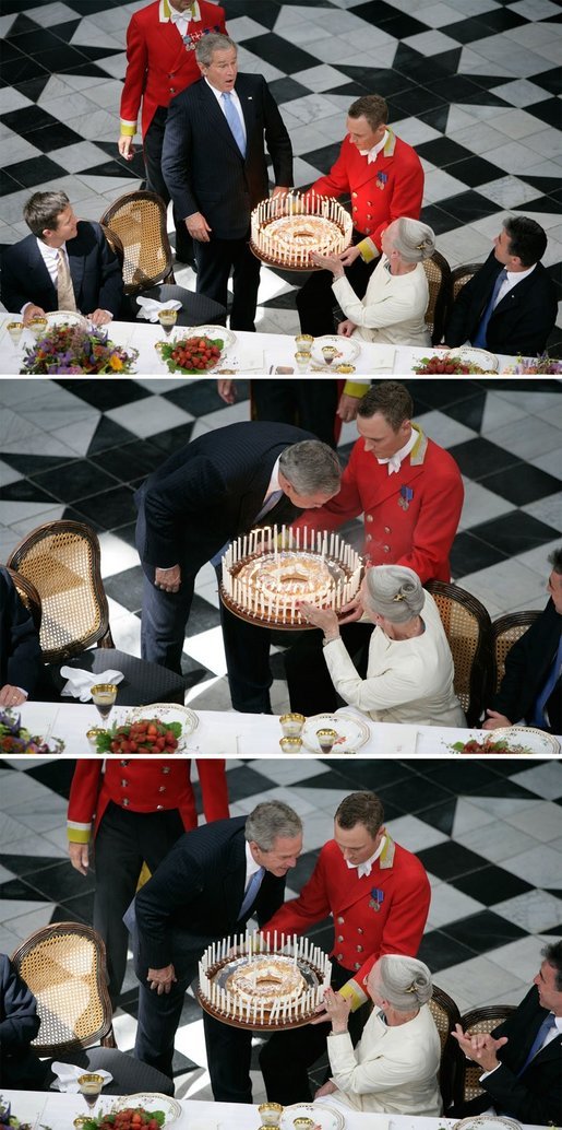 Pictured in this 3-picture combination, President George W. Bush has a little birthday fun with a cake presented to him for his 59th birthday by Her Majesty Queen Margrethe II of Denmark at Fredensborg Palace Wednesday, July 6, 2005. White House photo by Eric Draper