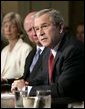 President Bush speaks to news reporters, Wednesday, July 13, 2005, prior to the start of a cabinet meeting at the White House. In background from left to right are cabinet members Secretary of Interior Gale Norton and Secretary of Energy Samuel W. Bodman. White House photo by Eric Draper