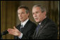 President George W. Bush gestures as he answers a reporter’s question during a joint press availability with Prime Minister Tony Blair of the United Kingdom Friday, July 28, 2006, in the East Room of the White House. White House photo by Paul Morse