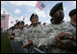 Soldiers applaud Vice President Dick Cheney as he delivers his remarks at a rally at Fort Stewart, Ga., Friday, July 21, 2006. During his address the Vice President recognized the Georgia National Guard’s 48th Brigade Combat Team who returned to Fort Stewart in May after serving one year in Iraq. While based in Baghdad the 48th Brigade Combat Team trained the Iraqi Security Force’s 4th Army Brigade. White House photo by David Bohrer