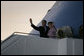 President George W. Bush and Mrs. Laura Bush wave upon arrival of Air Force One to Rostock-Laage Airport in Rostock, Germany. The couple is visiting with Germany's Chancellor Angela Merkel before proceeding to Russia for the G8 Summit. White House photo by Paul Morse