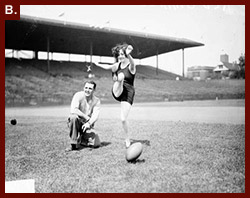 Football Player Harold 'Red' Grange Kneeling Next to Unidentified Woman Who Is Wearing Bathing Suit and Kicking Football