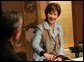 Mrs. Laura Bush smiles during an exchange Wednesday, Nov. 16, 2005, with Master Minoru Sawada, head calligraphy master of the Origin Arts Program, at the Suchiya-cho Townhouse in Kyoto, Japan. White House photo by Shealah Craighead