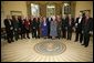 President George W. Bush stands with recipients of the 2005 National Humanities Medals after presentation Thursday, Nov. 10, 2005, in the Oval Office. With the President from left, are: Richard Gilder, history patron; Leigh and Leslie Ken, art historians and appraisers; Mary Ann Glendon, legal scholar; John Lewis Gaddis, historian; Walter Berns, historian; Eva Brann, college professor; Judith Martin, columnist; Col. Matthew Bogdanos, Assistant District Attorney; Bruce Cole, NEH Chairman; Alan Kors, historian; Theodore Crackel, editor, and Lewis Lehrman, history patron. White House photo by Eric Draper