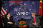 President George W. Bush and President Hu Jintao of the People’s Republic of China meet Thursday, Sept. 6, 2007, in Sydney. Among the topics discussed were climate change and economic relations. Said President Bush, “It was a constructive and cordial conversation.” White House photo by Eric Draper