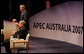 President George W. Bush speaks to the APEC Business Summit Friday, Sept. 7, 2007, at the Sydney Opera House. Joining him on stage are Australia's Prime Minister John Howard, far left, and Mark Johnson, Chairman of the APEC Business Advisory Council. White House photo by Chris Greenberg