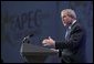 During an APEC summit, President George W. Bush addresses business executives at the CEO Summit in Santiago, Chile, Nov. 20, 2004. "I believe we must increase the flow of trade and capital. I know our societies must reward enterprise and open societies and open markets," President Bush said. "I know we've got to reject the blocks and barriers that divide economies and people. And I believe, with the right policies, we can continue to grow."White House photo by Eric Draper