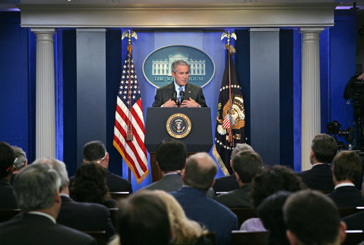 President George W. Bush holds a press conference Thursday, Aug. 9, 2007, in the James S. Brady Press Briefing Room. "Today I'm going to sign into law a bill that supports many of the key elements of the American Competitiveness Initiative," said the President. "This legislation supports our efforts to double funding for basic research in physical sciences." White House photo by Chris Greenberg