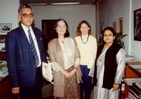 Image of Sahitya Akademi President, Ramakanta Rath,  Field Director Lygia Ballantyne, Deputy Field Director Carol Mitchell, and Oriya cataloger Kasturika Mishra.  Photo by Gaurav Sharma.