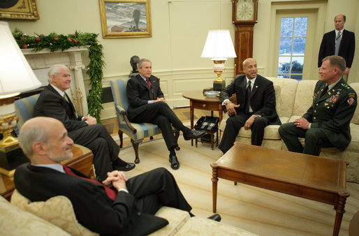 President George W. Bush talks about levee reconstruction during a briefing Thursday, Dec. 15, 2005, in the Oval Office of the White House. The President is joined by Secretary Michael Chertoff, left, Department of Homeland Security; Don Powell, Federal Coordinator for the Recovery and Rebuilding of the Gulf Coast; Mayor Ray Nagin of New Orleans, and Lt. Gen. Carl Strock, Commander and Chief of Engineers, US Army Corps of Engineers. White House photo by Paul Morse