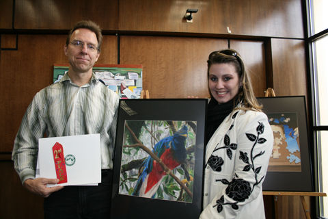 Ginta Sutkus's father, Ginta's artwork - 'The Resplendent Quetzal', and Jaclyn Wargo