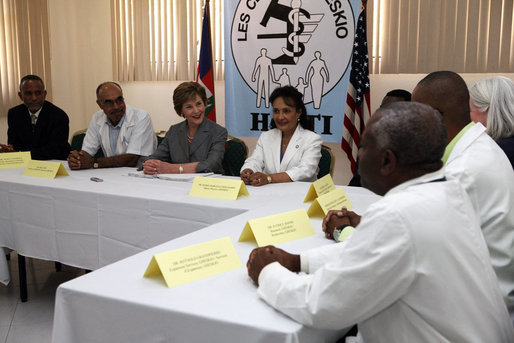 Mrs. Laura Bush attends a briefing Thursday, March 13, 2008 at the GHESKIO HIV/AIDS Center in Port-au-Prince, Haiti. GHESKIO is a participant in the President’s Emergency Plan for AIDS Relief (PEPFAR), which has contributed approximately $365 million to fight HIV/AIDS in Haiti. White House photo by Shealah Craighead