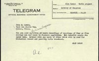 Telegram from Alan Lomax to John Lomax, Dec. 8, 1941