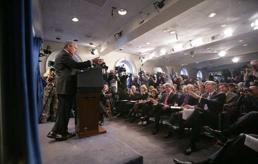 President George W. Bush responds to news correspondent David Gregory during a news conference Thursday, Jan. 26, 2006, in the press briefing room of the White House. The President took questions regarding a variety of topics including security and the country's economy. White House photo by Paul Morse